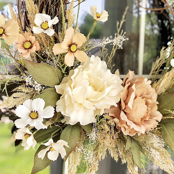 Boho Wreath Summer Wreath with Pampus Grass & Cream Peony Welcome Farmhouse Front Door Dried Flowers Floral Modern Fall Wreath