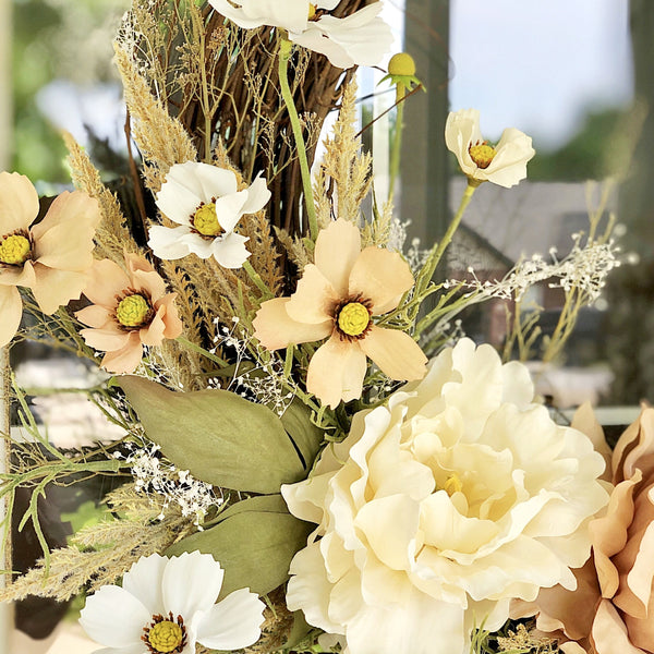 Boho Wreath Summer Wreath with Pampus Grass & Cream Peony Welcome Farmhouse Front Door Dried Flowers Floral Modern Fall Wreath