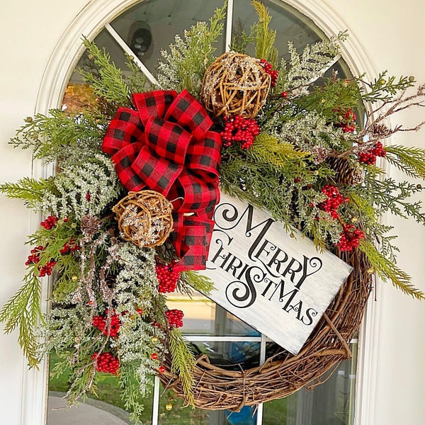 Christmas Winter Merry Christmas Wreath Wooden Sign with Berries & Red Buffalo Plaid Welcome Front Door