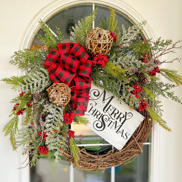 Christmas Winter Merry Christmas Wreath Wooden Sign with Berries & Red Buffalo Plaid Welcome Front Door