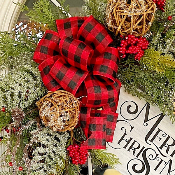 Christmas Winter Merry Christmas Wreath Wooden Sign with Berries & Red Buffalo Plaid Welcome Front Door