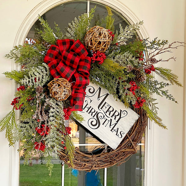 Christmas Winter Merry Christmas Wreath Wooden Sign with Berries & Red Buffalo Plaid Welcome Front Door