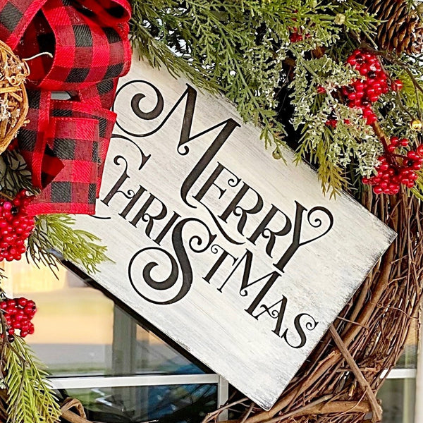 Christmas Winter Merry Christmas Wreath Wooden Sign with Berries & Red Buffalo Plaid Welcome Front Door