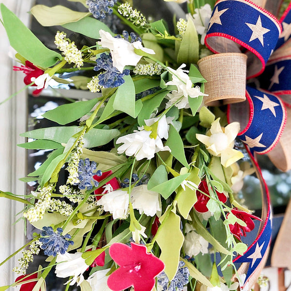 Summer Wreath Patriotic with Wild Flowers & Painted Wooden Sign Front Door 4th of July