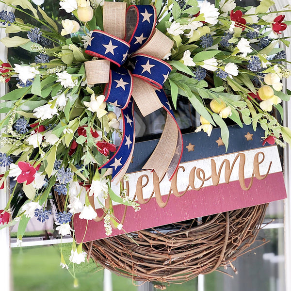 Summer Wreath Patriotic with Wild Flowers & Painted Wooden Sign Front Door 4th of July
