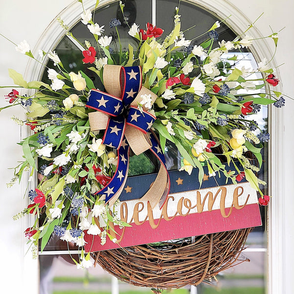 Summer Wreath Patriotic with Wild Flowers & Painted Wooden Sign Front Door 4th of July