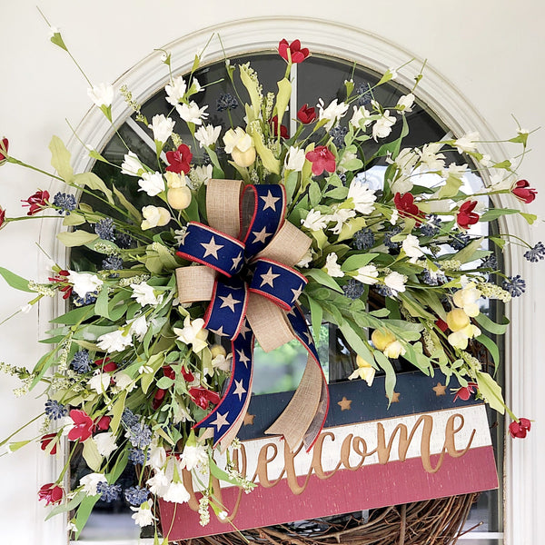 Summer Wreath Patriotic with Wild Flowers & Painted Wooden Sign Front Door 4th of July