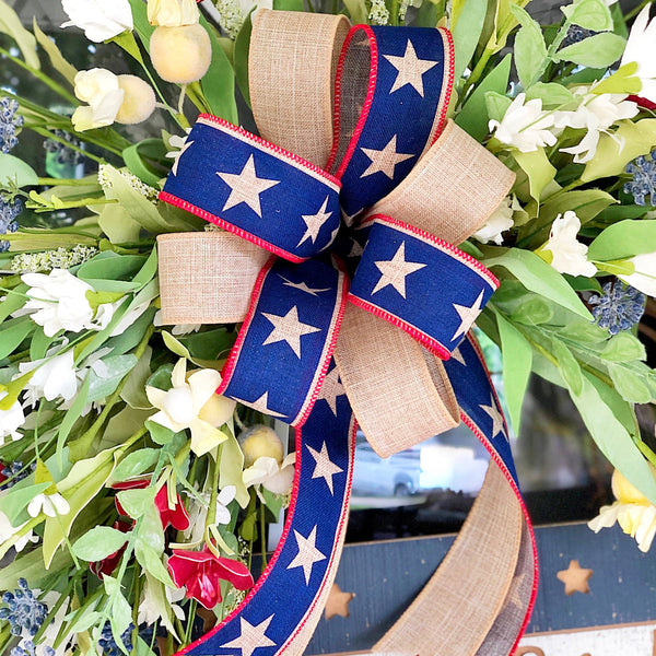 Summer Wreath Patriotic with Wild Flowers & Painted Wooden Sign Front Door 4th of July