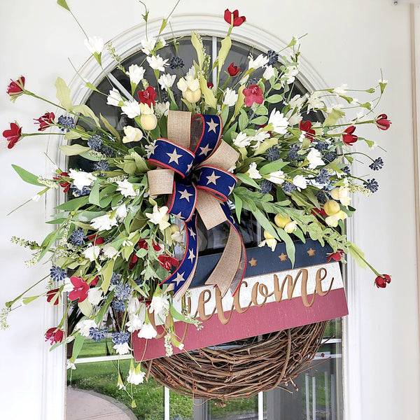 Summer Wreath Patriotic with Wild Flowers & Painted Wooden Sign Front Door 4th of July