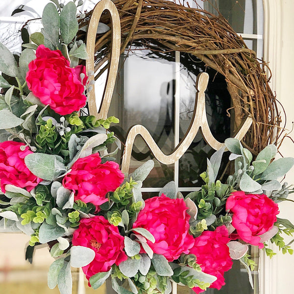 Peonies & Lambs Ear Wreath with Hi Wooden Sign Welcome Front Door Spring