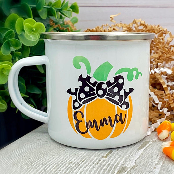 Kids Personalized 12 oz. Stainless Steel & Enamel Camp Mug with Polkadot Pumpkin