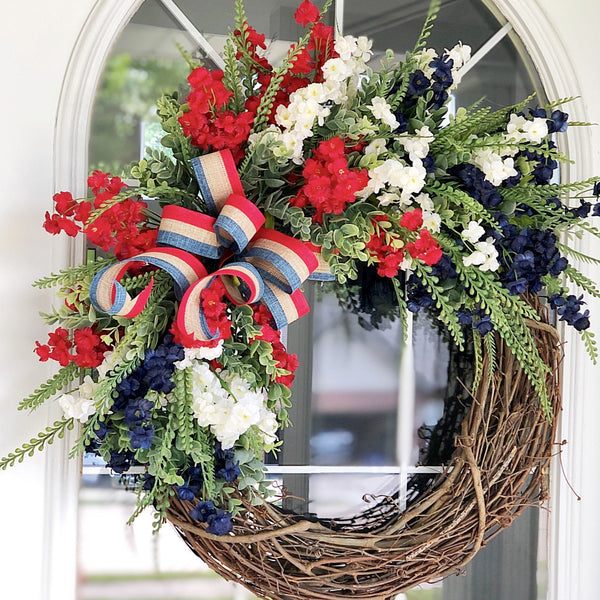 Summer Spring Patriotic Wreath with Wild Flowers for Front Door 4th of July