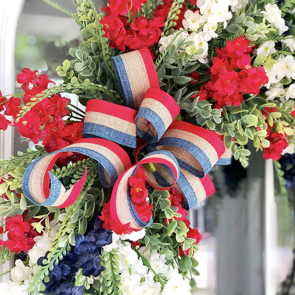 Summer Spring Patriotic Wreath with Wild Flowers for Front Door 4th of July