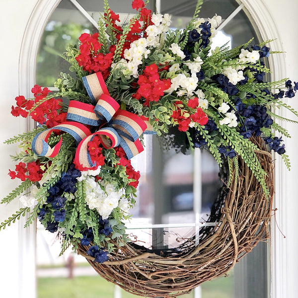 Summer Spring Patriotic Wreath with Wild Flowers for Front Door 4th of July