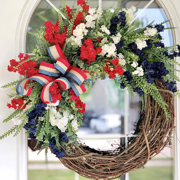 Summer Spring Patriotic Wreath with Wild Flowers for Front Door 4th of July