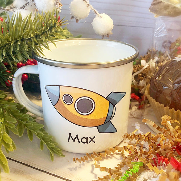 Kids Personalized 12 oz. Stainless Steel & Enamel Camp Mug with Rocket