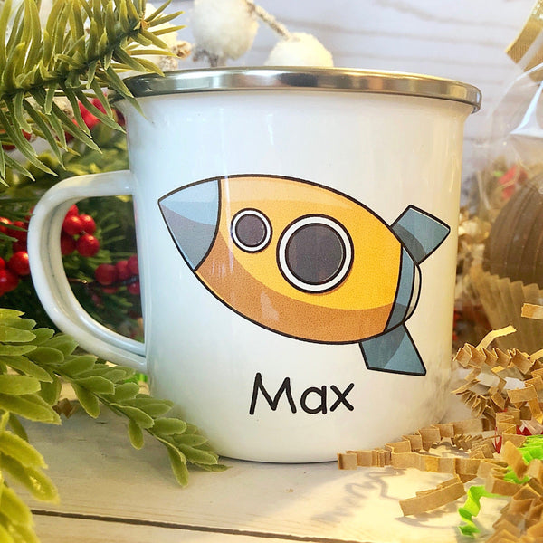 Kids Personalized 12 oz. Stainless Steel & Enamel Camp Mug with Rocket