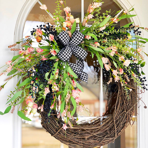 Everyday Spring Wreath Pink Blossoms & Berries with Houndstooth Ribbon Welcome Wreath Farmhouse Front Door