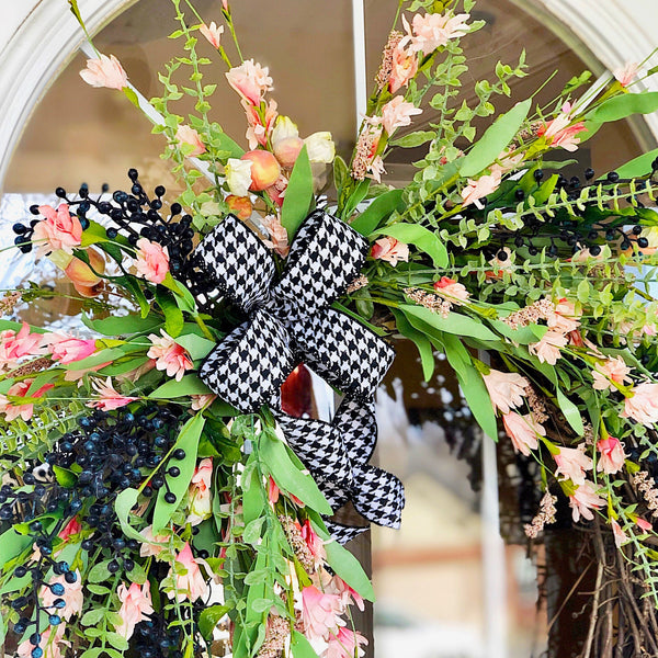 Everyday Spring Wreath Pink Blossoms & Berries with Houndstooth Ribbon Welcome Wreath Farmhouse Front Door