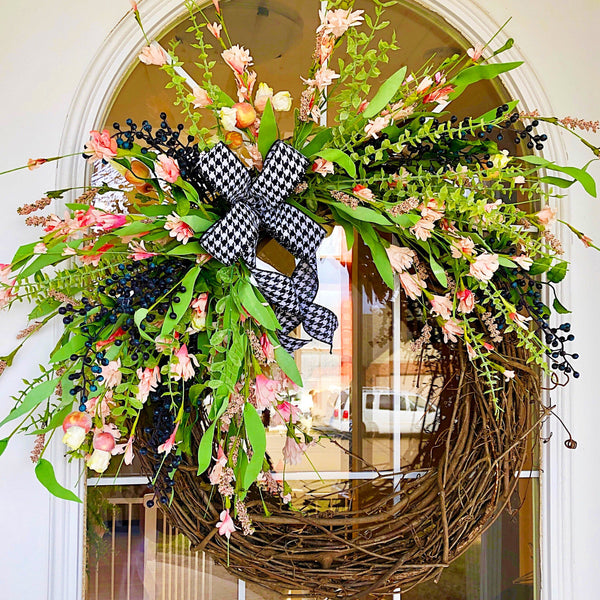 Everyday Spring Wreath Pink Blossoms & Berries with Houndstooth Ribbon Welcome Wreath Farmhouse Front Door