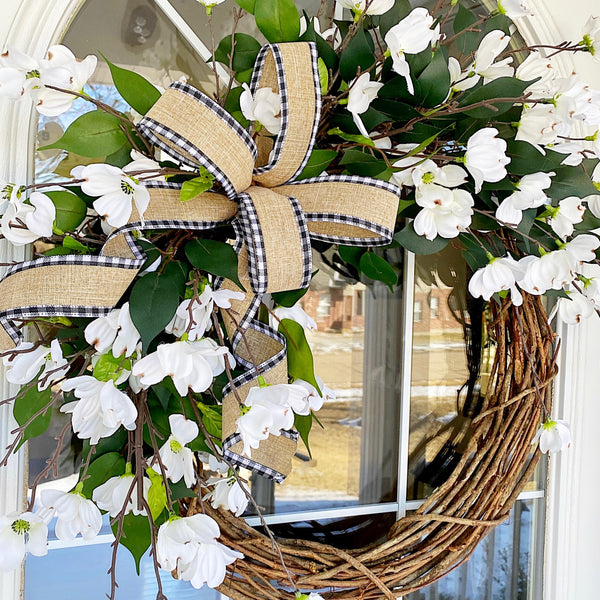 Everyday Spring Splash Welcome Wreath with White Dogwood Blossoms & Buffalo Plaid Burlap Ribbon