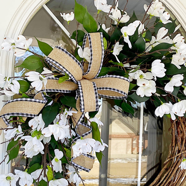 Everyday Spring Splash Welcome Wreath with White Dogwood Blossoms & Buffalo Plaid Burlap Ribbon