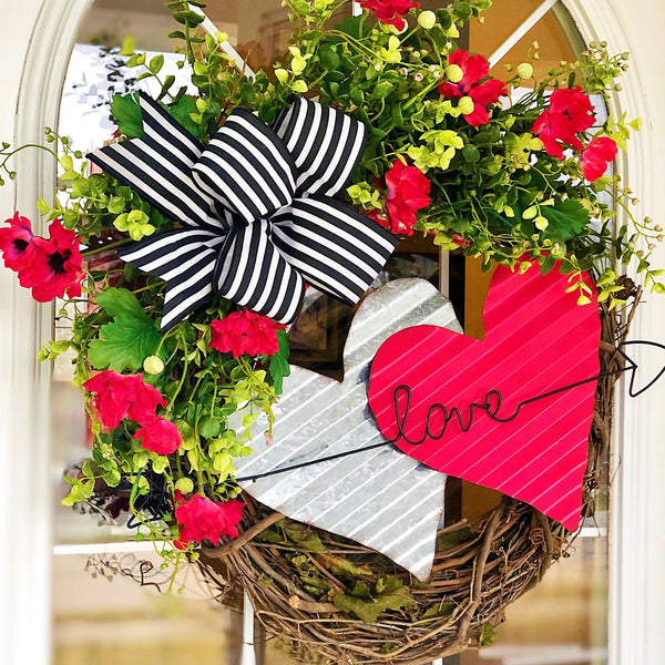 Valentines Tin Hearts Love Wreath with Striped Bow and Red Poppies Welcome Front Door Spring