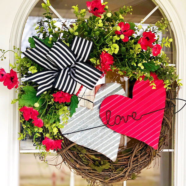 Valentines Tin Hearts Love Wreath with Striped Bow and Red Poppies Welcome Front Door Spring