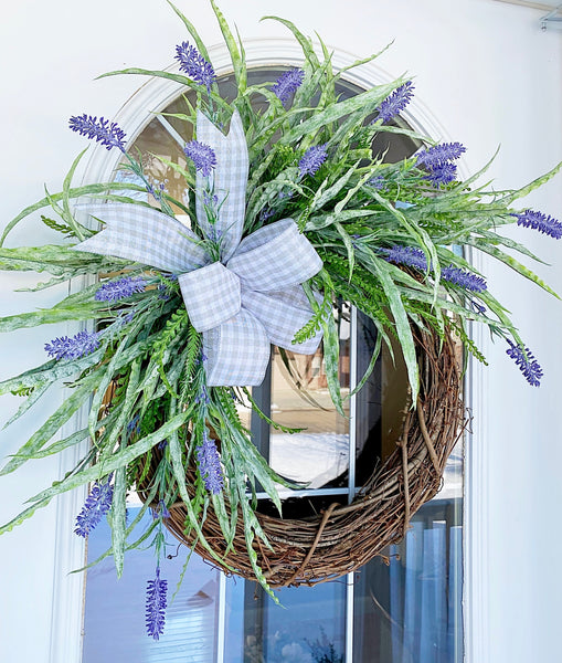 Spring Summer Variegated Grass & Lavender with Gray Checked Ribbon Welcome Wreath Front Door