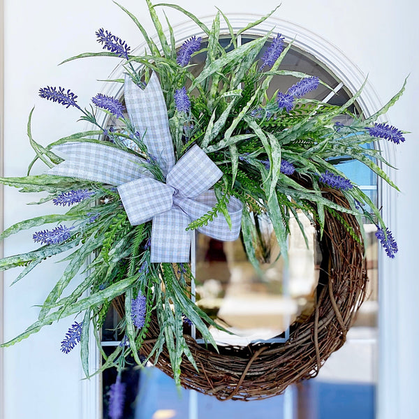 Spring Summer Variegated Grass & Lavender with Gray Checked Ribbon Welcome Wreath Front Door