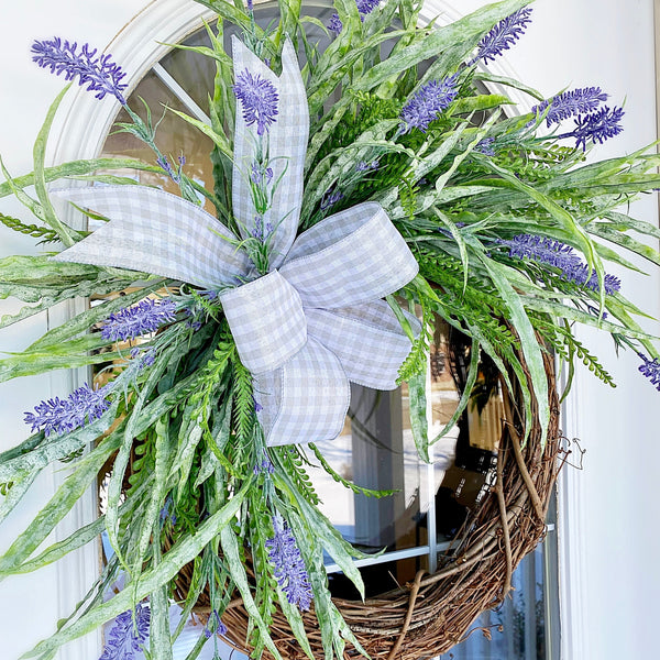 Spring Summer Variegated Grass & Lavender with Gray Checked Ribbon Welcome Wreath Front Door
