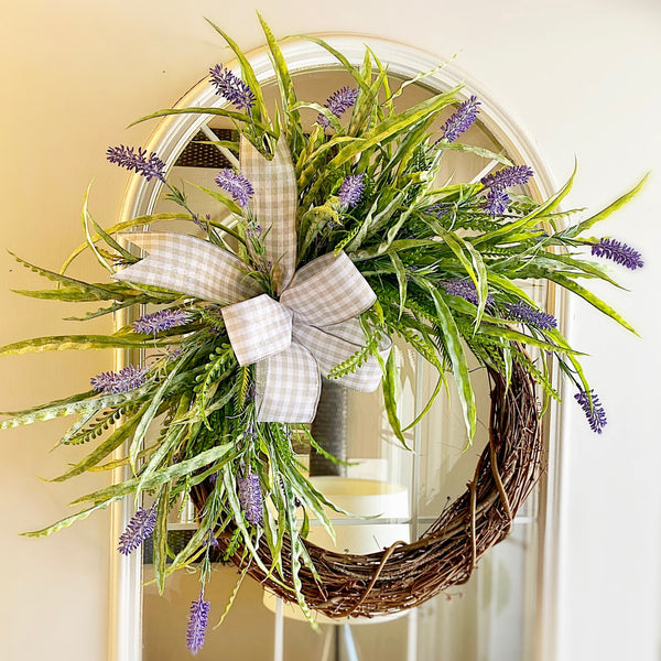 Spring Summer Variegated Grass & Lavender with Gray Checked Ribbon Welcome Wreath Front Door
