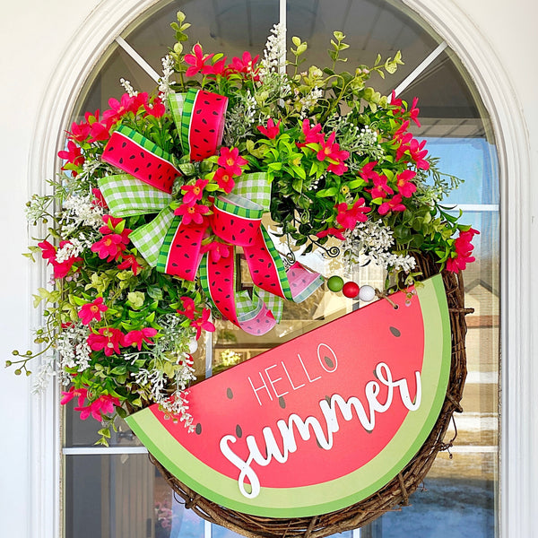 Summer Wreath Hello Watermelon Wooden Sign Red Anemone Eucalyptus Basswood with Checked and Watermelon Bow for Front Door