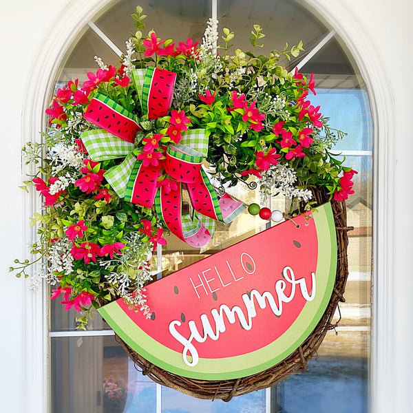 Summer Wreath Hello Watermelon Wooden Sign Red Anemone Eucalyptus Basswood with Checked and Watermelon Bow for Front Door