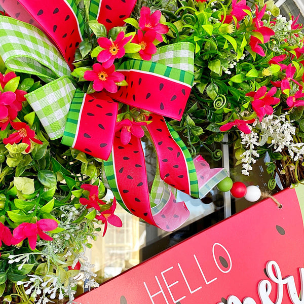 Summer Wreath Hello Watermelon Wooden Sign Red Anemone Eucalyptus Basswood with Checked and Watermelon Bow for Front Door