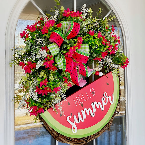 Summer Wreath Hello Watermelon Wooden Sign Red Anemone Eucalyptus Basswood with Checked and Watermelon Bow for Front Door