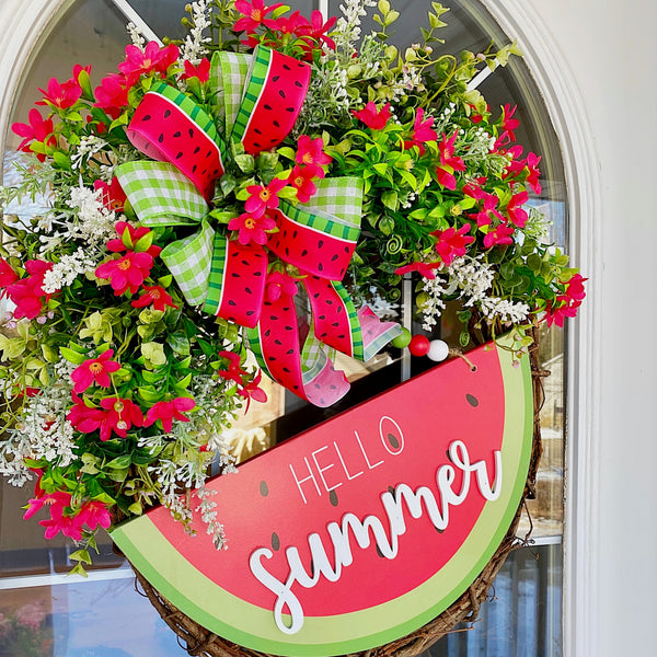 Summer Wreath Hello Watermelon Wooden Sign Red Anemone Eucalyptus Basswood with Checked and Watermelon Bow for Front Door