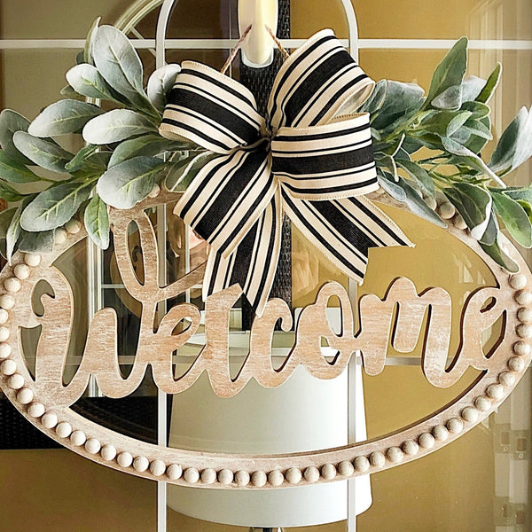 Everyday Spring Welcome Wood Door Sign Lambs Ear & Striped Ribbon Country Farmhouse Front Door