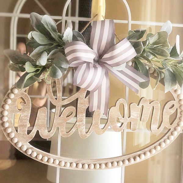 Everyday Spring Welcome Wood Door Sign Lambs Ear & Striped Ribbon Country Farmhouse Front Door