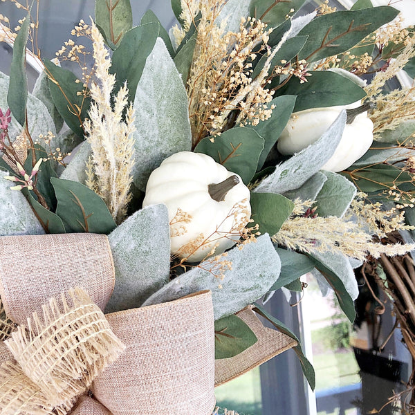 Fall Welcome Wreath with Lambs Ear Eucalyptus and White Pumpkins Burlap Ribbon for Front Door