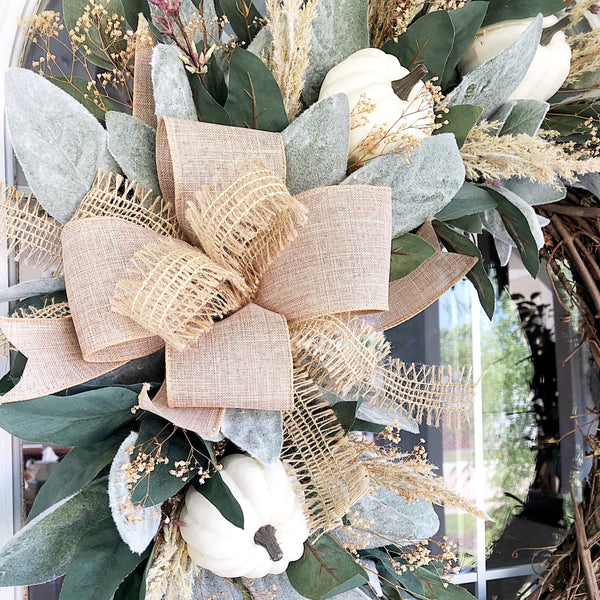 Fall Welcome Wreath with Lambs Ear Eucalyptus and White Pumpkins Burlap Ribbon for Front Door