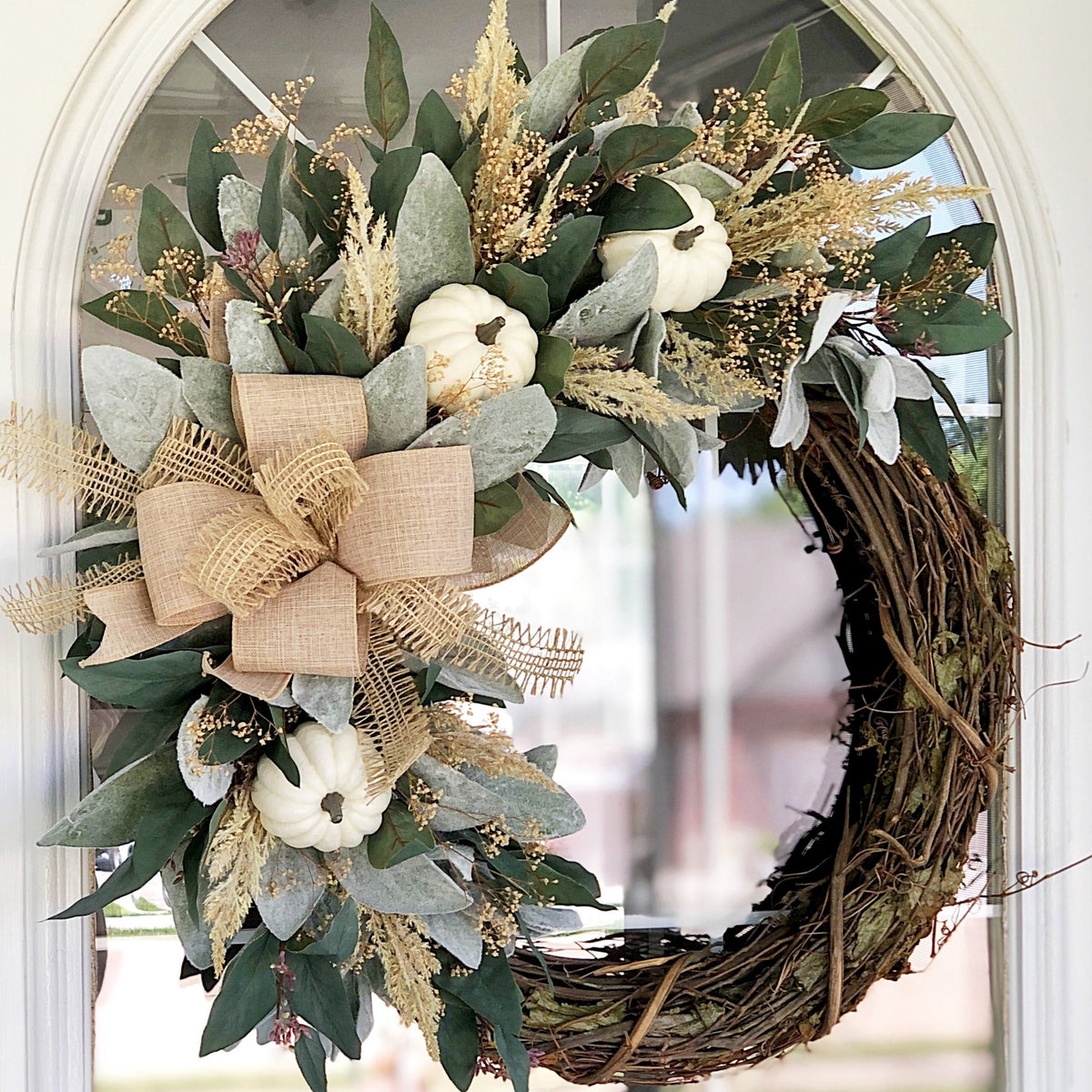 Fall Welcome Wreath with Lambs Ear Eucalyptus and White Pumpkins Burla ...