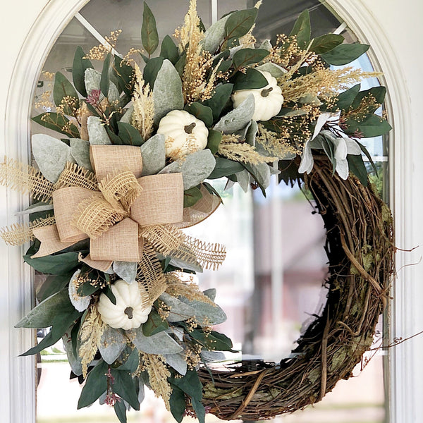 Fall Welcome Wreath with Lambs Ear Eucalyptus and White Pumpkins Burlap Ribbon for Front Door