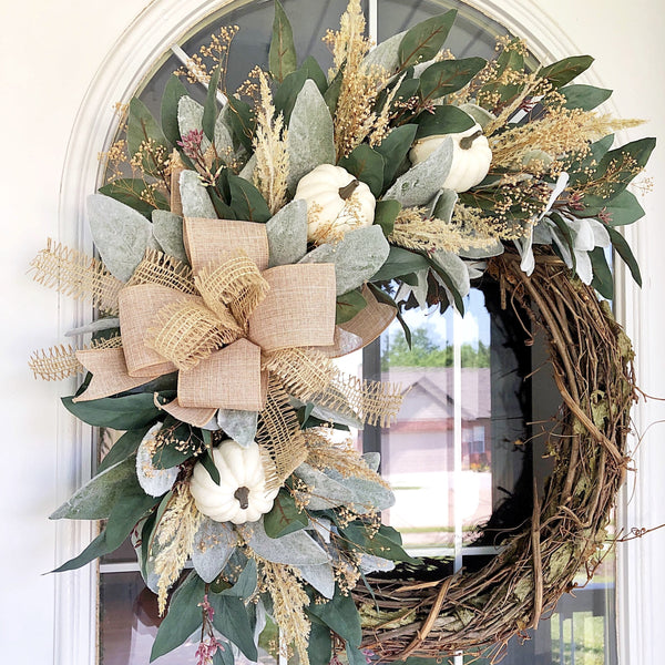 Fall Welcome Wreath with Lambs Ear Eucalyptus and White Pumpkins Burlap Ribbon for Front Door