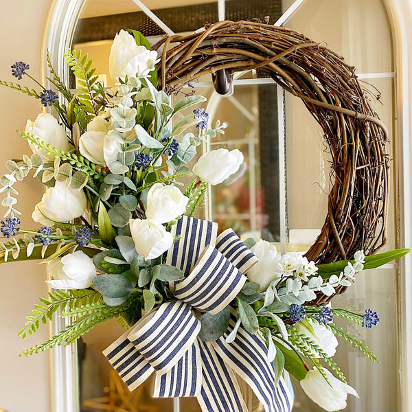 Everyday Spring Summer Welcome Wreath with White Tulips, Molopospermum Blossoms & Navy Striped Ribbon Front Door