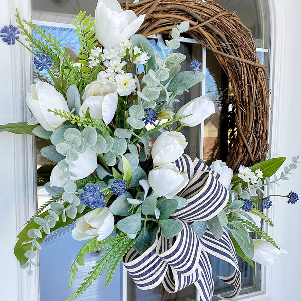 Everyday Spring Summer Welcome Wreath with White Tulips, Molopospermum Blossoms & Navy Striped Ribbon Front Door