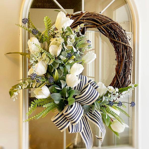 Everyday Spring Summer Welcome Wreath with White Tulips, Molopospermum Blossoms & Navy Striped Ribbon Front Door