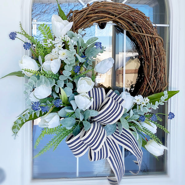 Everyday Spring Summer Welcome Wreath with White Tulips, Molopospermum Blossoms & Navy Striped Ribbon Front Door