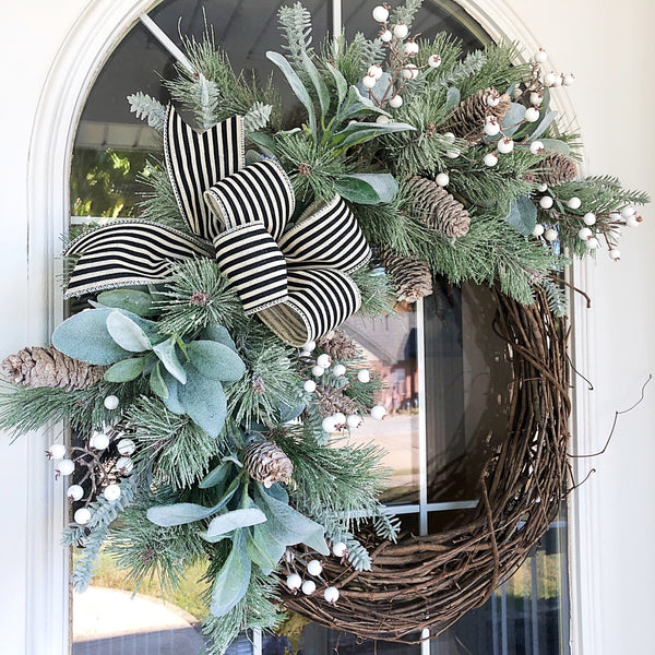 Christmas Winter Neutral Lambs Ear & Frosted Pine with Pine Cones and Berries Wreath