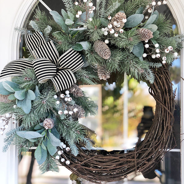 Christmas Winter Neutral Lambs Ear & Frosted Pine with Pine Cones and Berries Wreath